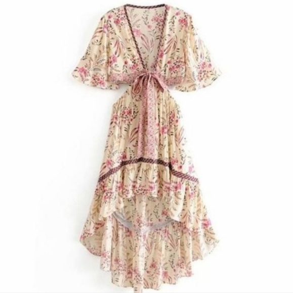 New Boho Cut Out Summer Floral Maisie Bambi Beach Dress Cream Pink Purple - Picture 4 of 12